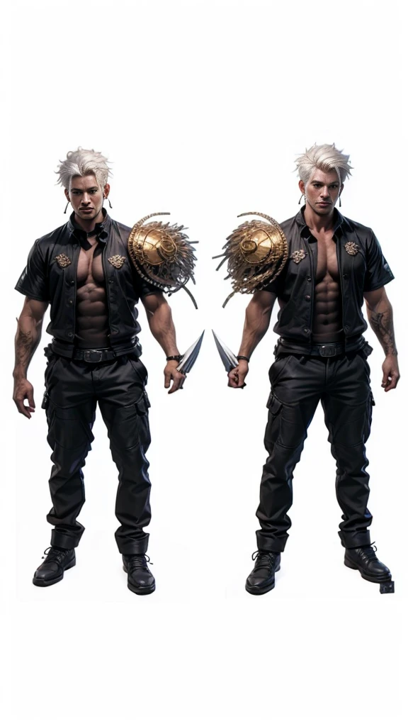 (max resolution: 1.2), (Ultra HDTV: 1.2), 8K resolution, Eye and skin details, detailed facial features, , (Sharp focus: 1.2), (Focus focuacial expressions: 1.2), 1 Guy, Standing, (Eyes looking straight at viewer), White hair, Wearing earrings, Showing chest muscles, 6 Pack, (Shirtless) Shirtless, Open thighs, ((Tight black briefire))).