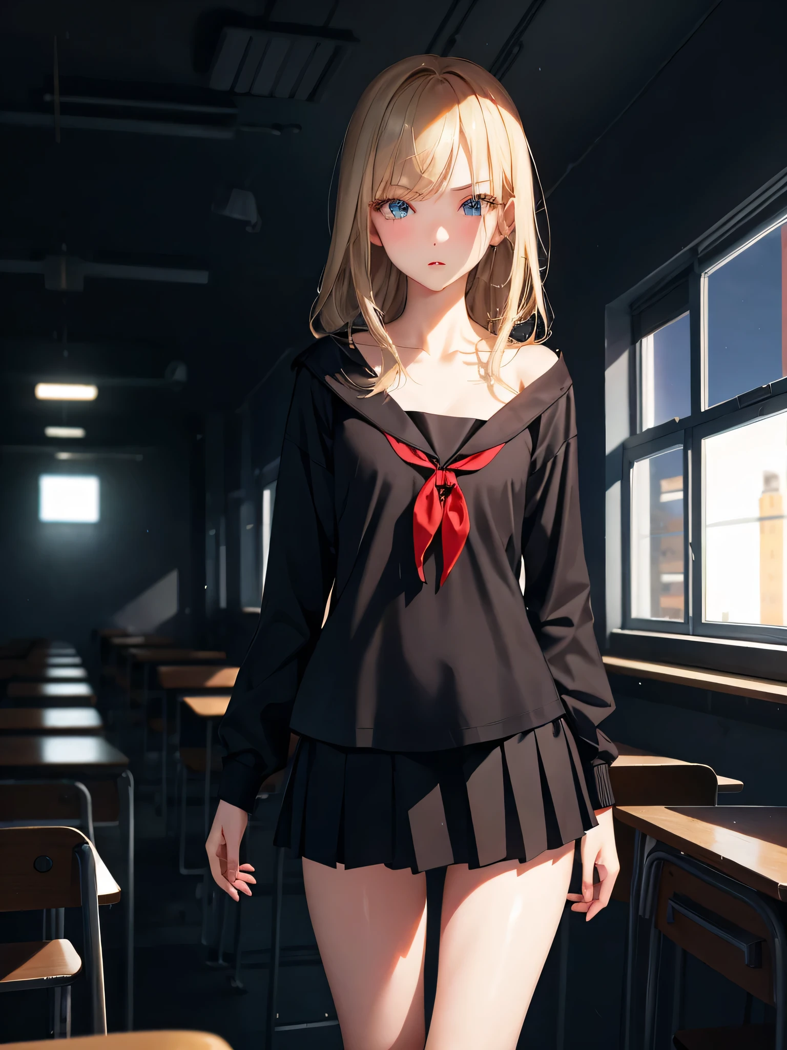 1 girl, age, skinny, russian, open lips, cosmetic, classroom, light, glow, thigh, clavicle, (masterpiece), wallpaper, worried