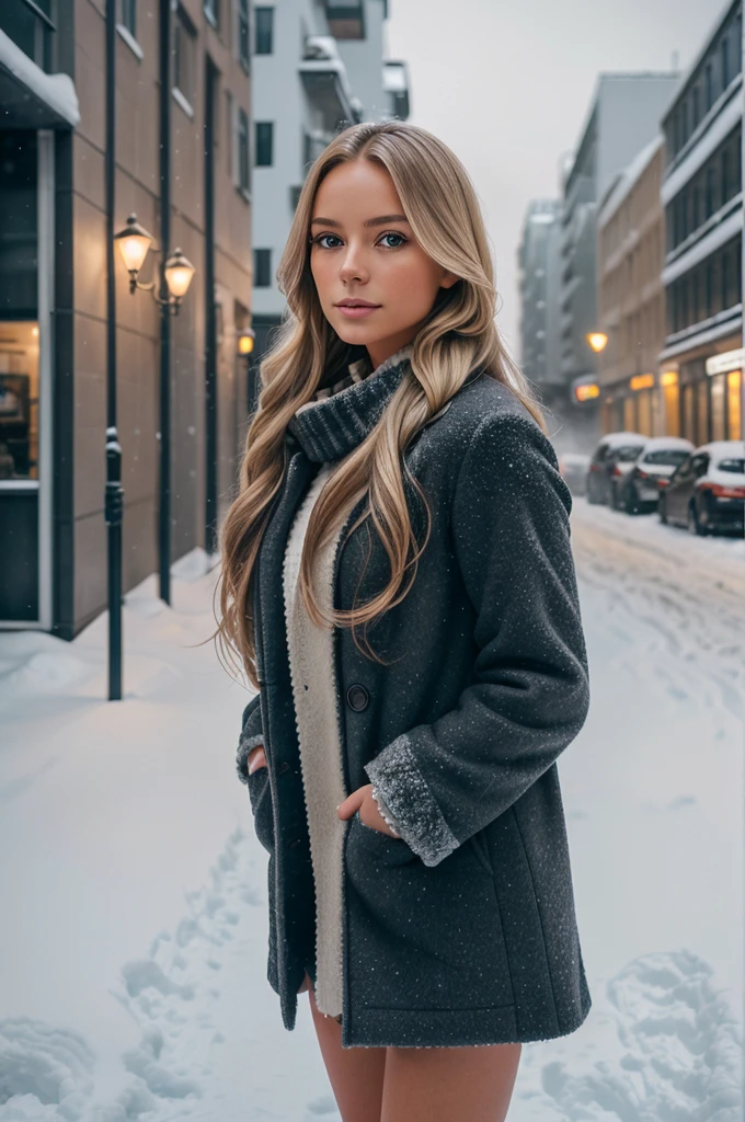 professional portrait photograph of a gorgeous Norwegian girl in winter clothing with long wavy blonde hair, sultry flirty look, gorgeous symmetrical face, cute natural makeup, wearing elegant warm winter fashion clothing, ((standing outside in snowy city street)), stunning modern urban environment, ultra realistic, concept art, elegant, highly detailed, intricate, sharp focus, depth of field, f/1. 8, 85mm, medium shot, mid shot, (((professionally color graded))), bright soft diffused light, (volumetric fog), trending on instagram, hdr 4k, 8k