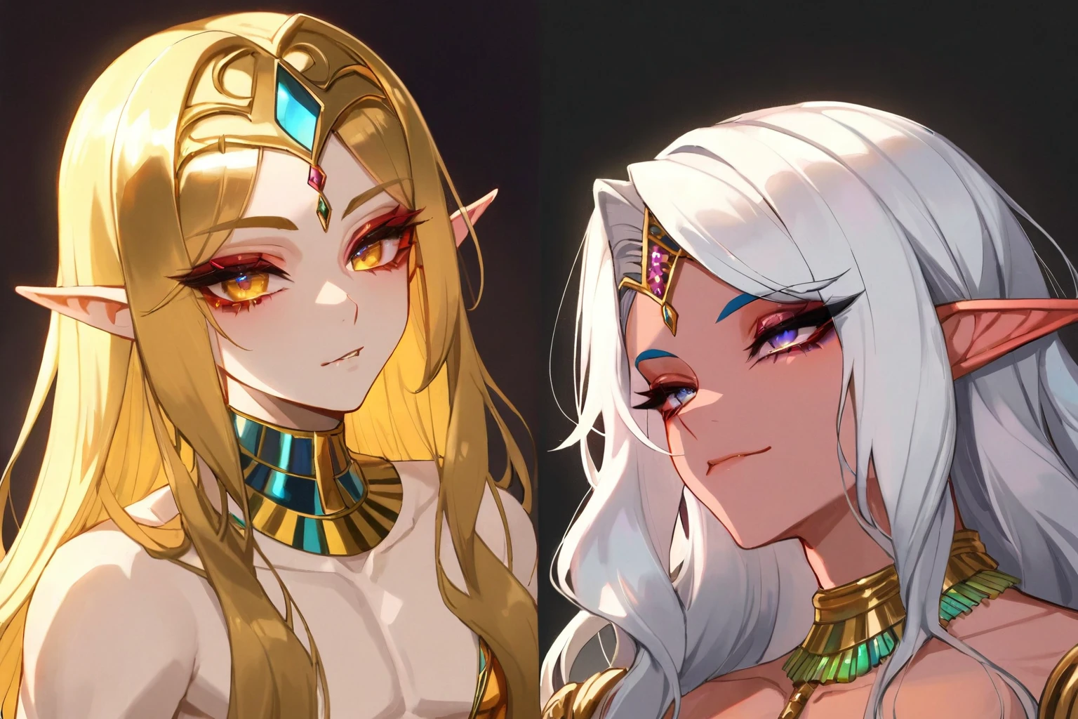 yellow skin 1.8), (deep yellow skin), (masterpiece),(highest quality),highres, (extremely detailed), dunmer, morrowind character art, dagoth ur art, altmer, pretty boy, anime guy, male, soft features, dollish eyelashes, long wavy hair, smoky eyes, egyptian eyeliner, ostentatious brocade robes, glamorous, gorgeous, stunning eyes, jewelry, veils, high elf, golden skin, dewy skin, bjd, glossy eyelids, vibrant, dollish eylashes, pointy chin, v shaped jaw, iridescent