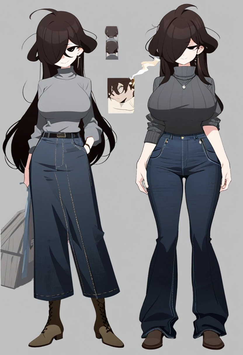 One Woman,Downer,older sister,Concept Art,Dark brown hair,Straight hair with slight inward curls,Staring eyes,Eye Ridge,black eye,Crossed bangs,whole body,smile,Larger breasts,Gray background,Bangs that reach down to the eyes,Messy hair,Tight dark jeans,Gray turtleneck sweater,Multiple views of the same character,Character Design,Dark circles under the eyes,Bad look,Listless,Sloppy,Silver Jewelry,Cafe staff,Holding a cigarette,whole bodyCharacter Design,Detailed hands,Height: 170cm,boots,Fleshy body,