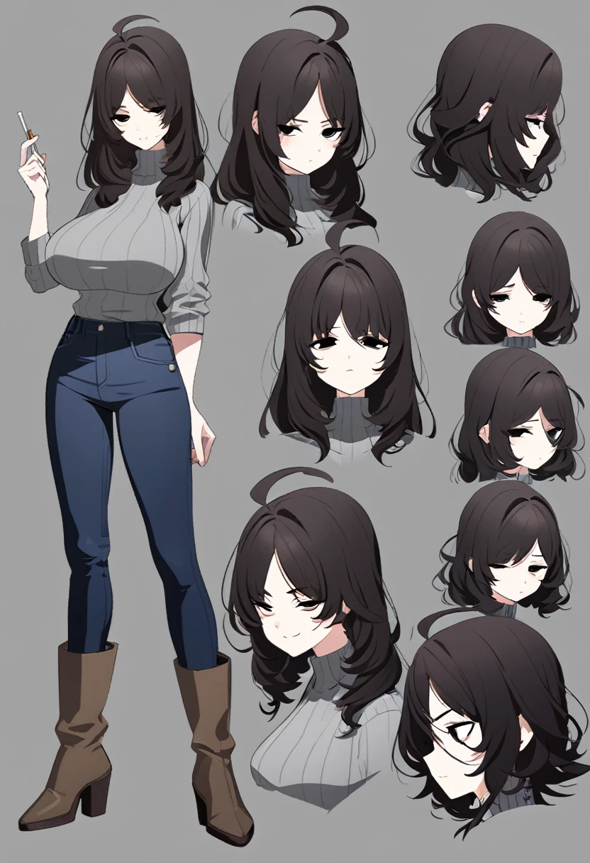 One Woman,Downer,older sister,Concept Art,Dark brown hair,Straight hair with slight inward curls,Staring eyes,Eye Ridge,black eye,Crossed bangs,whole body,smile,Larger breasts,Gray background,Bangs that reach down to the eyes,Messy hair,Tight dark jeans,Gray turtleneck sweater,Multiple views of the same character,Character Design,Dark circles under the eyes,Bad look,Listless,Sloppy,Silver Jewelry,Cafe staff,Holding a cigarette,whole bodyCharacter Design,Detailed hands,Height: 170cm,boots,Fleshy body,