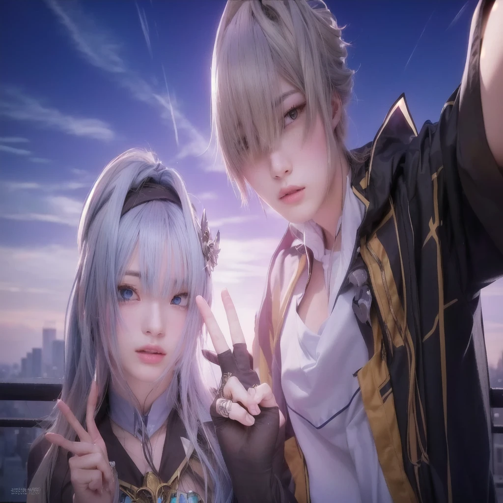 anime characters posing for a picture in front of a city, peace sign, 1girl on the left, 1boy on the right, extremely detailed face, exteamly detailed finger, beautiful detailed eyes, beautiful detailed lips, detailed clothing, cityscape background, urban environment, vibrant colors, cinematic lighting, high resolution, photorealistic, intricate details, masterpiece