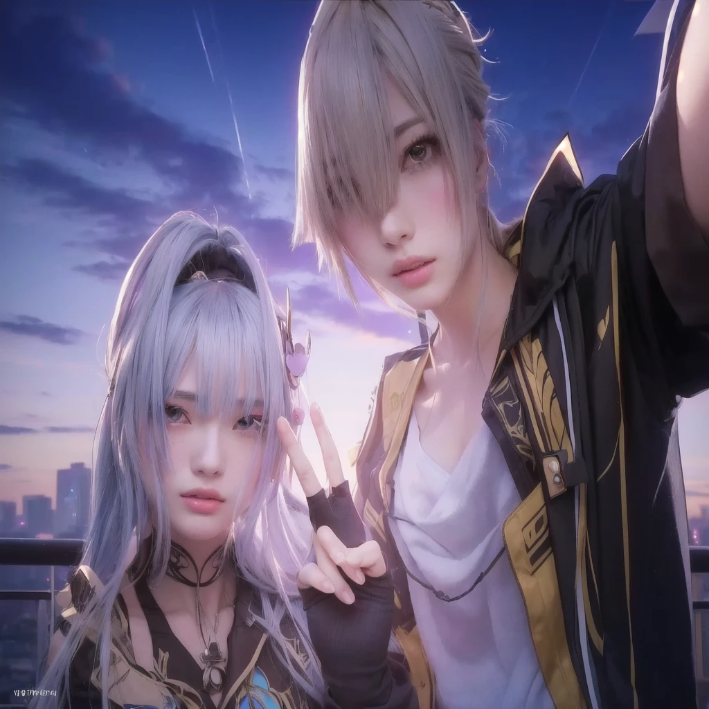 anime characters posing for a picture in front of a city, peace sign, 1girl on the left, 1boy on the right, extremely detailed face, exteamly detailed finger, beautiful detailed eyes, beautiful detailed lips, detailed clothing, cityscape background, urban environment, vibrant colors, cinematic lighting, high resolution, photorealistic, intricate details, masterpiece
