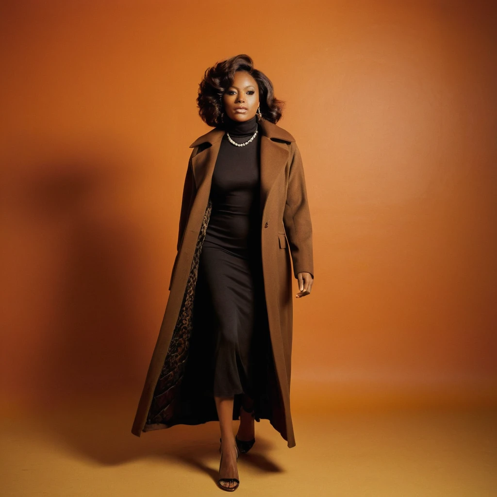 1977 album artwork photography, positioned in the center of the cover, facing slightly to the left, with her body turned towards the viewer, a stylish busty African American woman in a lowing, floor-length rich brown coat with a turtle neck black dress, reminiscent of the 1970s fashion, hair styled in loose, flowing waves, with a few loose strands framing her face, serious facial expression, walking, ((upset)), Capture the essence of 1970s Motown era, vibrant colors, orange background