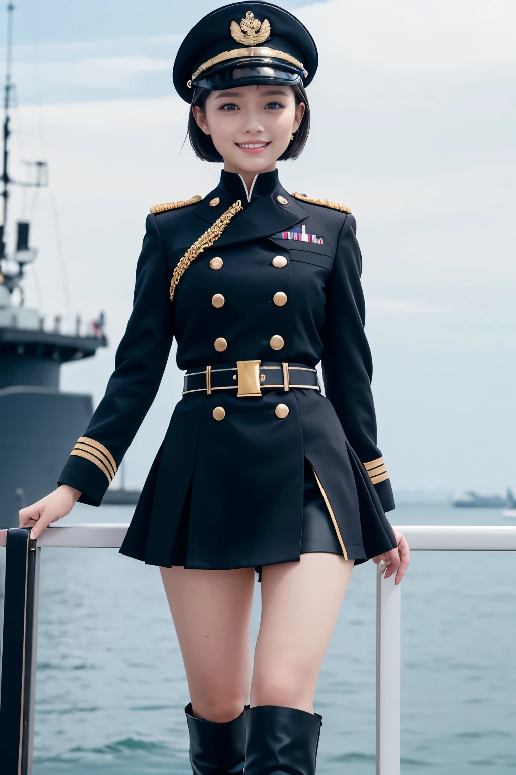 One girl、Medium Short Hair(pale black)、Navy uniform(white)、Epaulettes(white、black、gold)、belt、mini skirt(black)、Buckled short boots(black)、Are standing、Up to the kneeilitary port、Dock、A moored submarine in the background4Only、smile