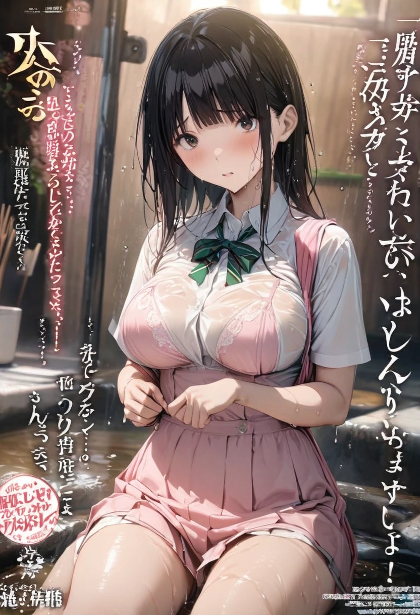 Magazine cover(masterpiece, best quality:1.2),woman，shy（（（The eyes are delicate）））Wet body（（wet.school uniform）），Pink lingerie，Wet floor，rain（8K）（HD）