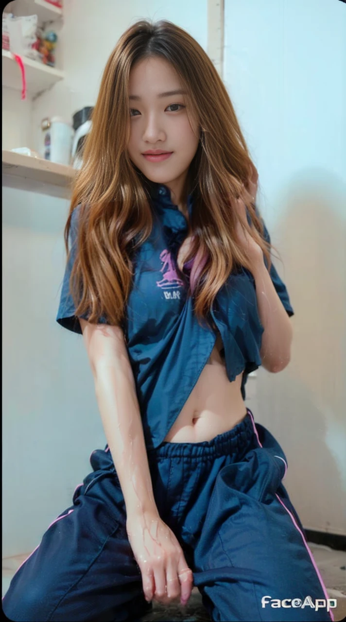 Songkran, wet street , A very realistic girl, wet soaked, drop, wet clothes, wet skin, wet hair, 8k, Masterpiece, realistic, beautiful,purple efficiency,Navy trousers,wet:1.5,dirty white powder