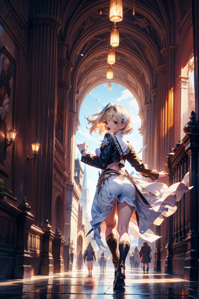 masterpiece, best quality, high quality, detailed, ultra detailed, hyper detailed, insanely detailed, exquisite, beautiful, FHD, Full-HD, 4K, 8K, 16K, highres, absurdres, background, a girl, beautiful,1girl, wizard, laughing, running, looking back, short hair, blonde, blue eyes, pale skin, in the city, at noon, fantasy,cowboy shot