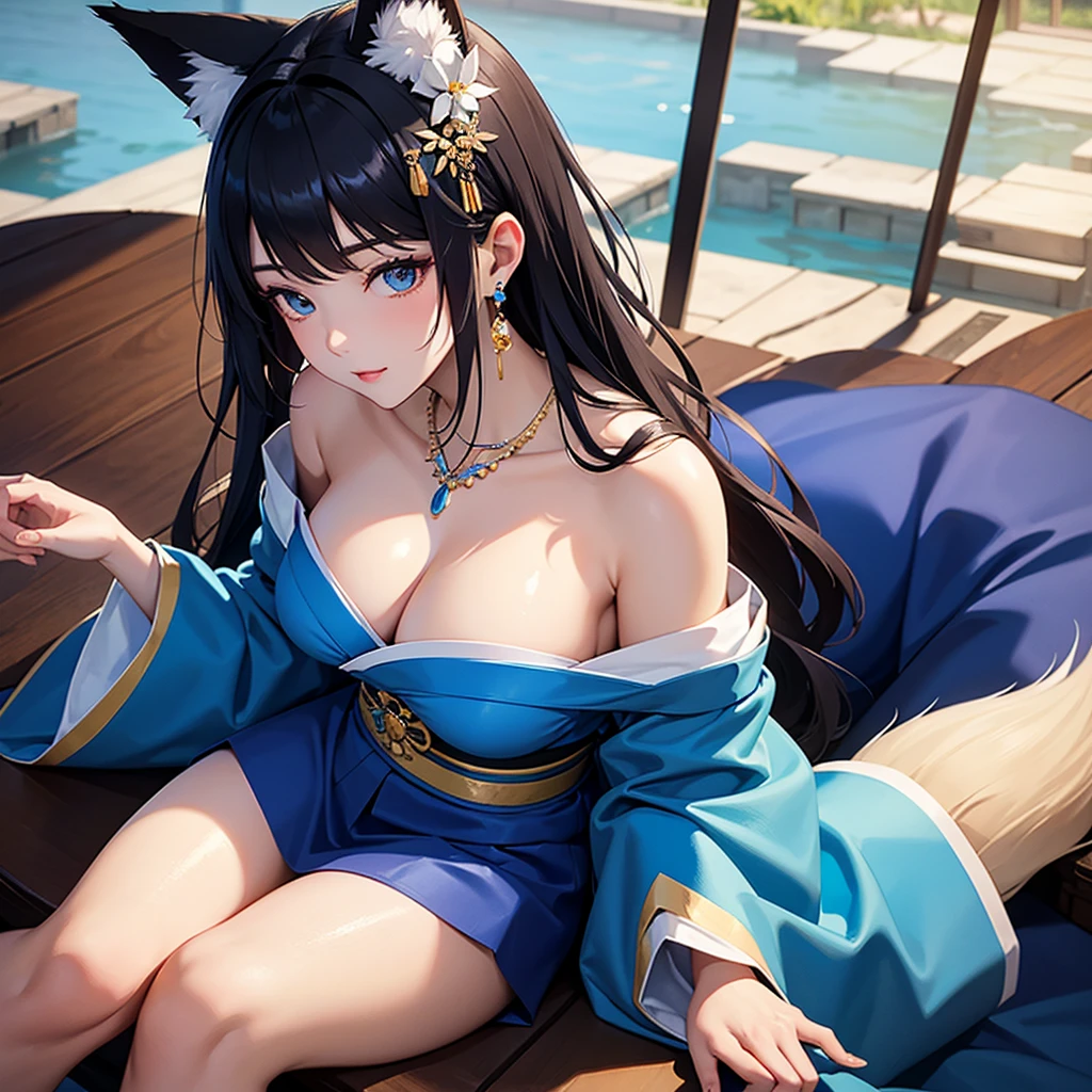 Camera angle looking down from above。Sit back in a reclining chair、A beautiful woman with big breasts and fox ears stretches her legs and relaxes, gazing into the distance。Blue kimono with off-the-shoulder sleeves and a skirt。hair ornaments、Earrings、necklace。