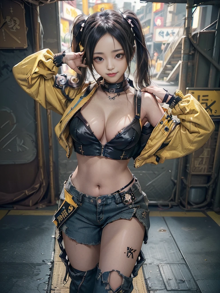 (Full Body View:1.3)、(Side view:1.1)、(Hostess:1.3)、(Smiling with teeth showing:1.3),(Shibuya Gal:1.5)、(y2k woman:1.4)、(ta Fashion:1.5)、(Punk RockVisual Kei:1.4)、(Modern black and yellow military short jacket:1.5)、(Tattered brown and turquoise denim low rise cargo pants:1.5)、(Mustard Yellow Headband:1.3)、(Yellow and blue corset:1.4)、collar、(Brown platform long boots)、(Clothing with logo pattern:1.4)、20-year-old、(Doing an aerobics pose:1.3)、NSFW,((Highest quality、In 8K、masterpiece:1.3))、Sharp focus:1.2、(Layered Cut、Huge boobs:1.1),Beautiful woman with perfect figure:1.4、(Doing an aerobics pose:1.3)、(Open legs:1.3)、(Raise your arms:1.2)、(Open your crotch:1.3)、Slender Abs:1.2、Butt、Highly detailed face and skin texture、Detailed eyes、double eyelid,(Twin tails:1.3)、(Black brown hair:1.3)、Dynamic Pose、Obscene pose、Humiliating pose、Gravure idol、(A luxurious strip show stage:1.3)、(Make your legs thinner:1.4)、(Slim body:1.3)、(clavicle:1.1)