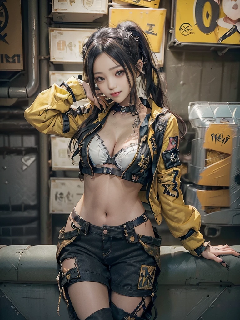 (Full Body View:1.3)、(Side view:1.1)、(Hostess:1.3)、(Smiling with teeth showing:1.3),(Shibuya Gal:1.5)、(y2k woman:1.4)、(ta Fashion:1.5)、(Punk RockVisual Kei:1.4)、(Modern black and yellow military short jacket:1.5)、(Tattered brown and turquoise denim low rise cargo pants:1.5)、(Mustard Yellow Headband:1.3)、(Yellow and blue corset:1.4)、collar、(Brown platform long boots)、(Clothing with logo pattern:1.4)、20-year-old、(Doing an aerobics pose:1.3)、NSFW,((Highest quality、In 8K、masterpiece:1.3))、Sharp focus:1.2、(Layered Cut、Huge boobs:1.1),Beautiful woman with perfect figure:1.4、(Doing an aerobics pose:1.3)、(Open legs:1.3)、(Raise your arms:1.2)、(Open your crotch:1.3)、Slender Abs:1.2、Butt、Highly detailed face and skin texture、Detailed eyes、double eyelid,(Twin tails:1.3)、(Black brown hair:1.3)、Dynamic Pose、Obscene pose、Humiliating pose、Gravure idol、(A luxurious strip show stage:1.3)、(Make your legs thinner:1.4)、(Slim body:1.3)、(clavicle:1.1)