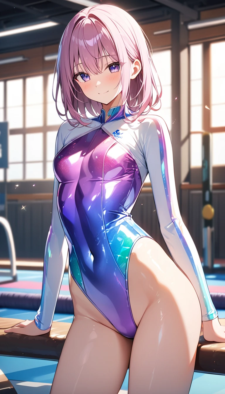 highquality illustration, masterpiece, very delicate and beautiful, attractive girl,(gymnastics leotard, Floral patterns leotard,long_sleeve leotard with glittery decoration,high_leg leotard,athletic leotard,tight-fit leotard,iridescent gradient leotard),thin,slender body,slim,high school,gymnasium background,gymnastics club,gymnastics athlete,princess, beautiful eyes,light smile,(masterpiece, best quality:1.2), highres, extremely detailed CG unity 8k wallpaper, perfect lighting, Colourful, ultra-high res,4K,ultra-detailed, photography, 8K, HDR, 17 ages, 