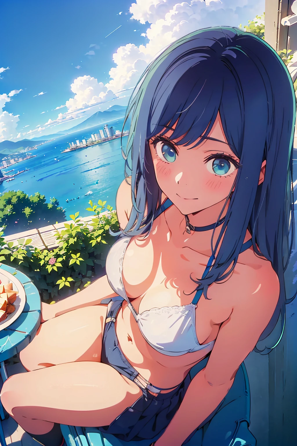 Highest quality,8k,detailed,F cup bust、Big Breasts、Slim and beautiful arms、Slim body、Very white beautiful skin、((((1 person、smile、She is wearing a white side-string high-leg bikini、smile、Sit on a chair、In the background are the urban buildings of Tokyo、Outdoor café terrace、juice、coastal、table、looking at the camera、Very cute face、Best Beautiful Legs、Shot from above、Navy hair color))))、Sexy pose、Very blue sky、A completely cloudless sky、She tilted her head slightly、The atmosphere is bright and lively、The woman is at the center of the image。