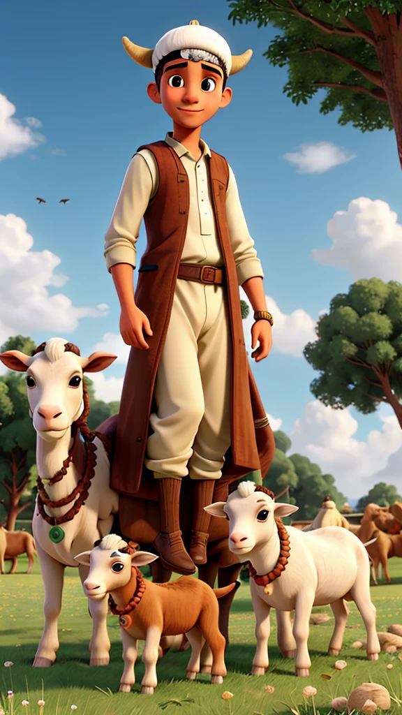 illustration of several young men in Muslim clothes carrying goats, cows and camels in a field