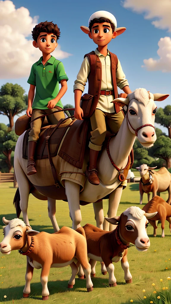 illustration of several young men in Muslim clothes carrying goats, cows and camels in a field