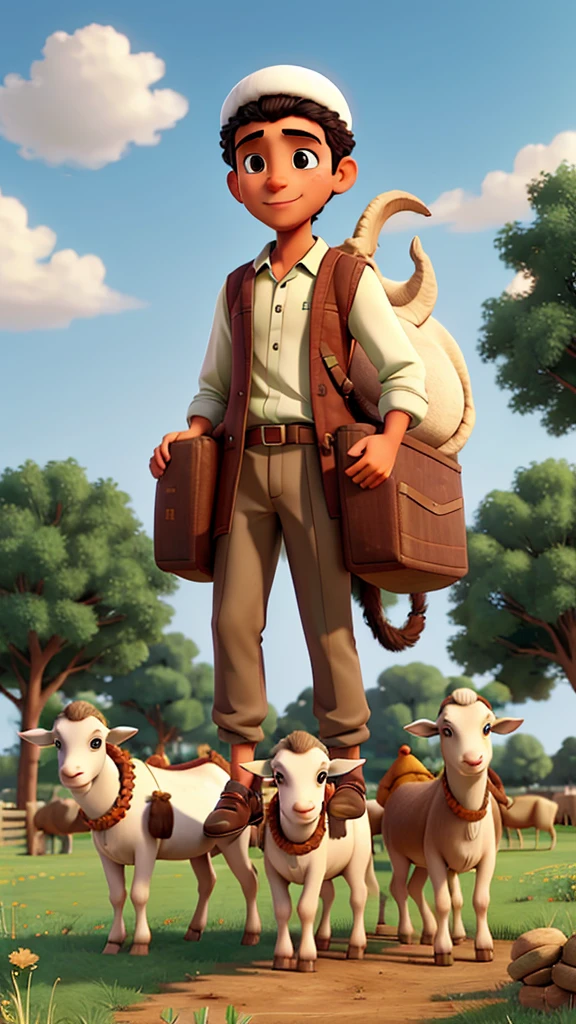 illustration of several young men in Muslim clothes carrying goats, cows and camels in a field