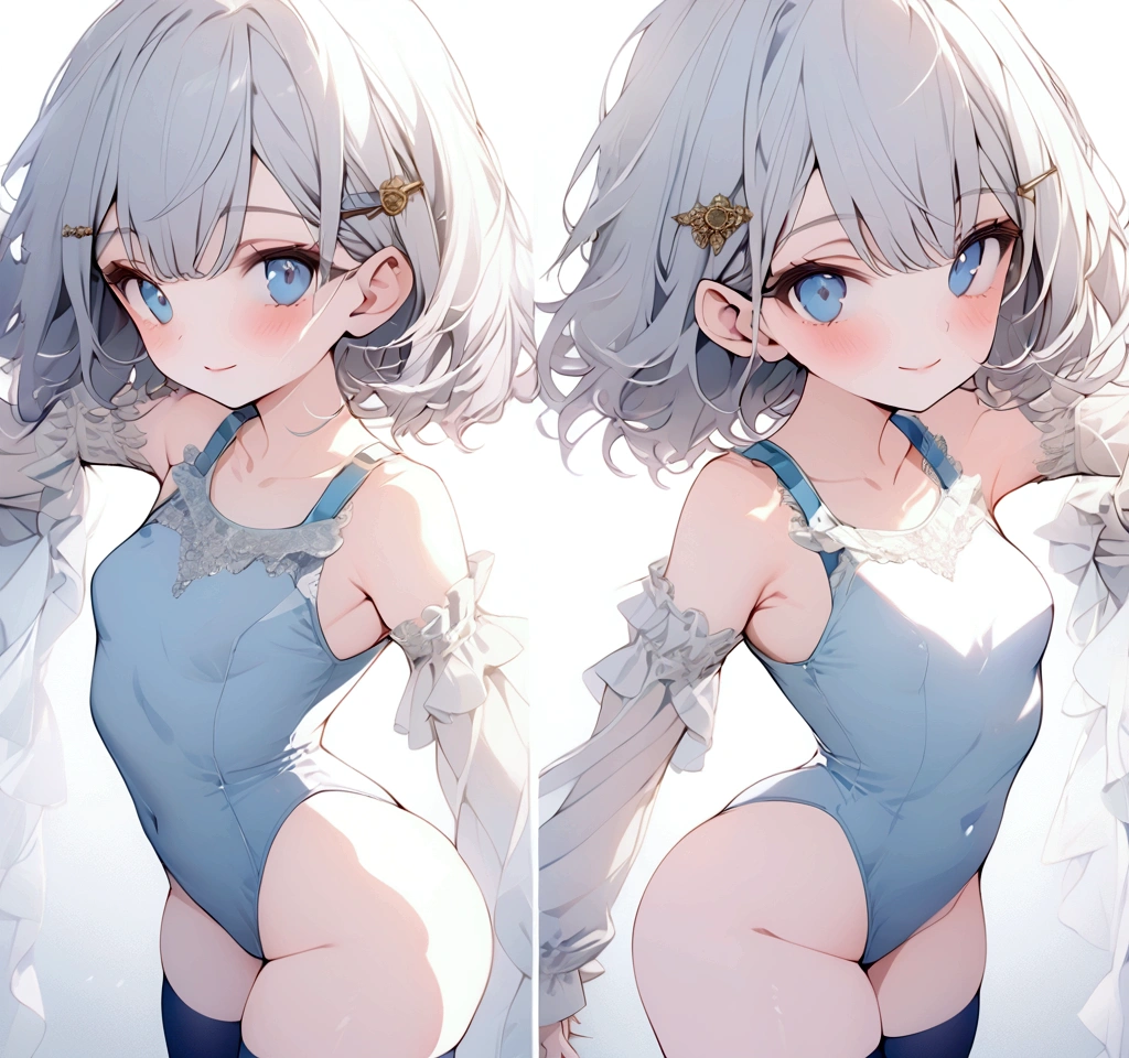 beautiful, masterpiece, Highest quality, anime, One girl, C Cup,Portrait Shot, View your viewers, Intricate details,>,((Covered、Short Hair、nearby、Blue Eyes、art、White hair,Blue streaked hair、wallpaper、silk_White Knee Highs、hairpin、smile、Thighs、Armpit、silk_White frilly school swimsuit
