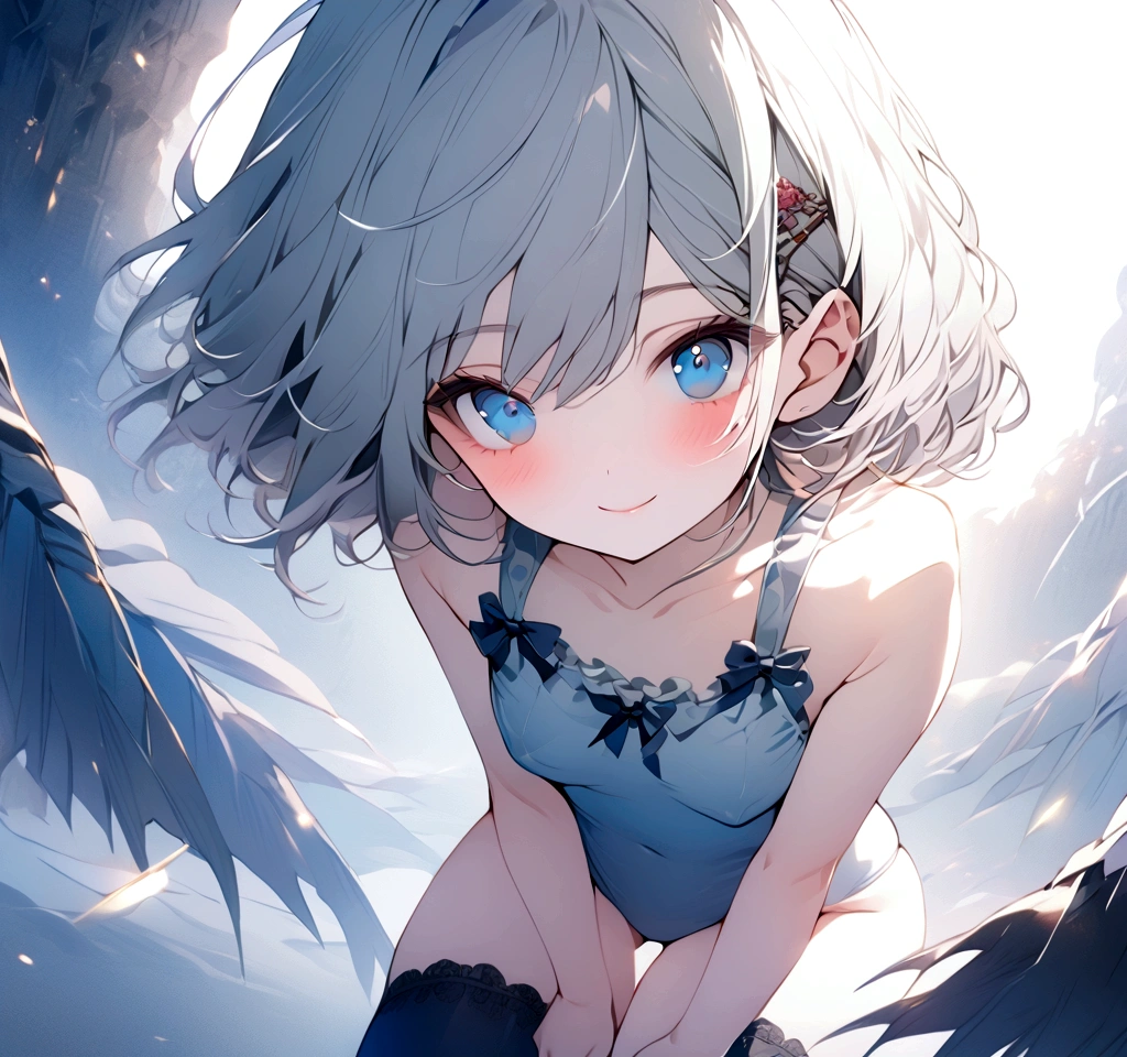 beautiful, masterpiece, Highest quality, anime, One girl, C Cup,Portrait Shot, View your viewers, Intricate details,>,((Covered、Short Hair、nearby、Blue Eyes、art、White hair,Blue streaked hair、wallpaper、silk_White Knee Highs、hairpin、smile、Thighs、Armpit、silk_White frilly school swimsuit