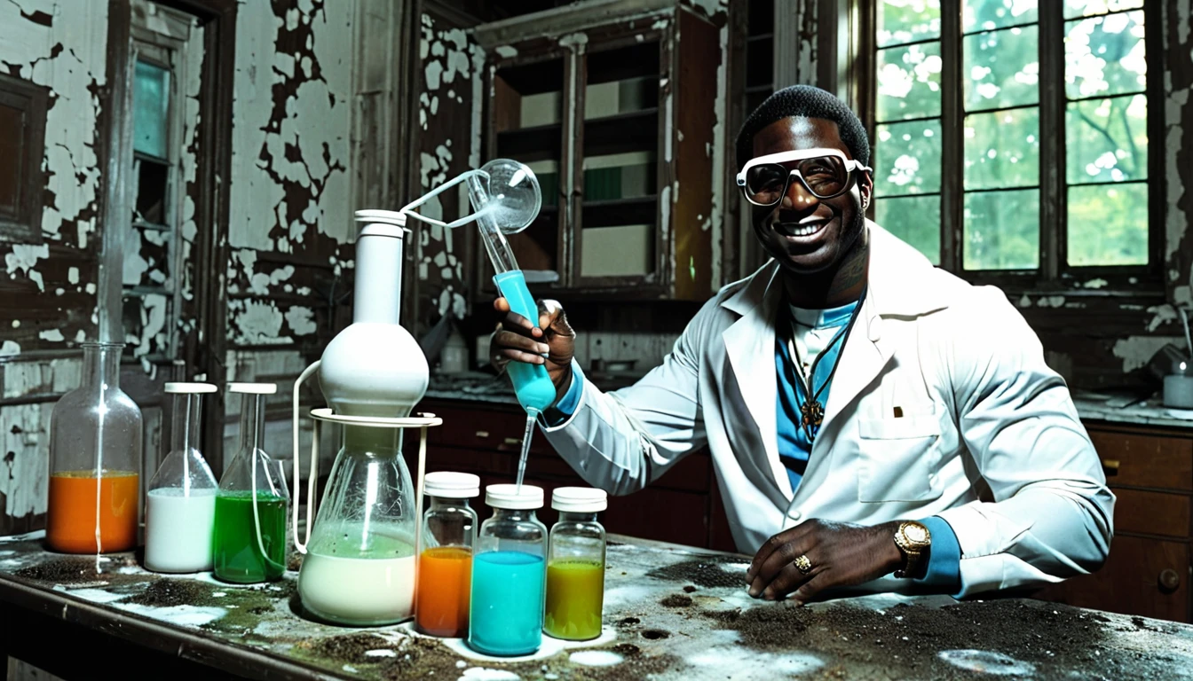 1970s photo of "Gucci Mane" dressed like a scientist while performing science experiments, he is inside of an abandoned home,