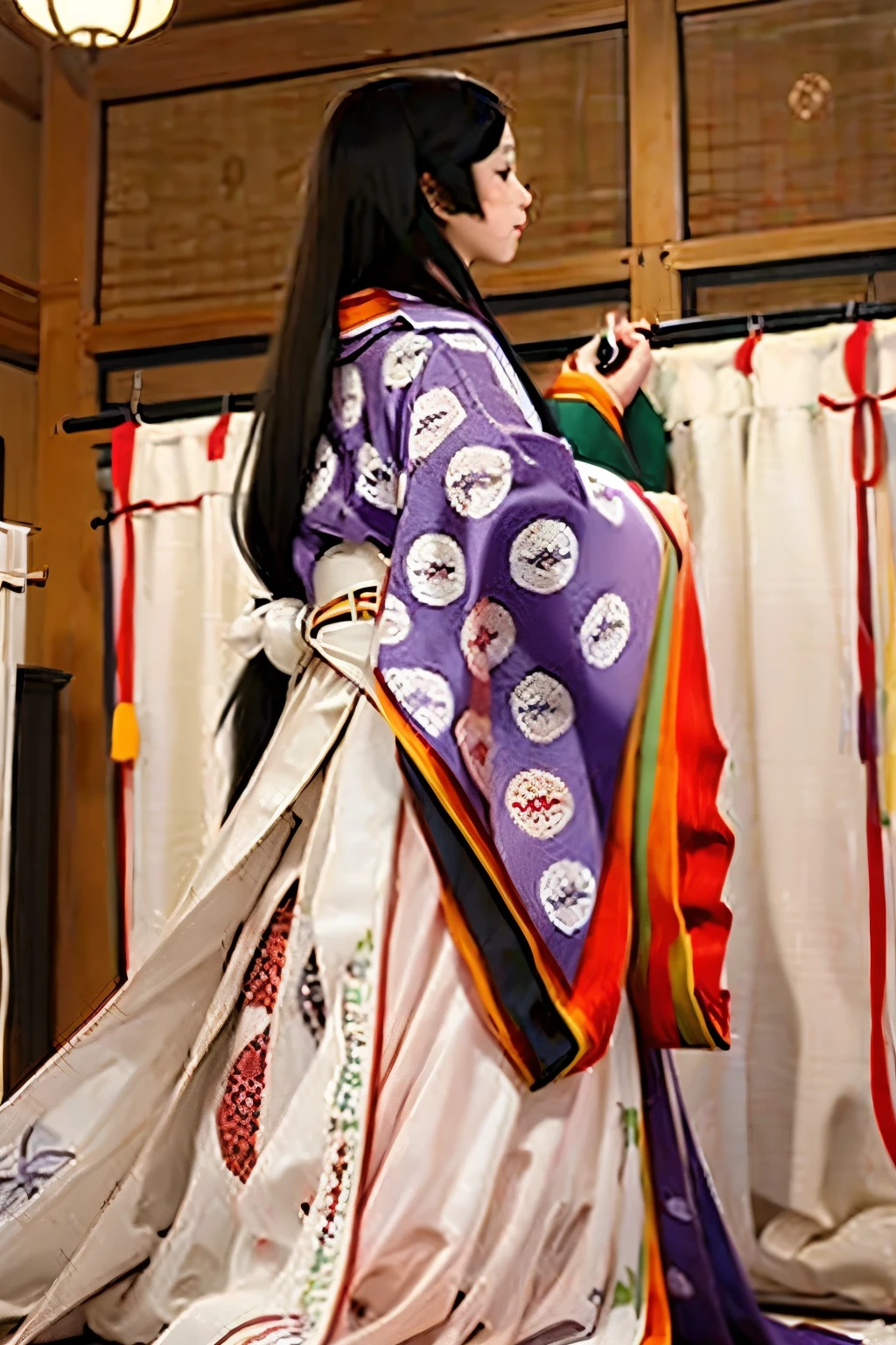 (masterpiece, best quality:1.2), 1girl, juni-hitoe, solo, from behind, very long black hair, purple-red karaginu,  white mo-skirt, holding (open hiogi), blur the background, sodeguchi accurate depiction, no back ground,