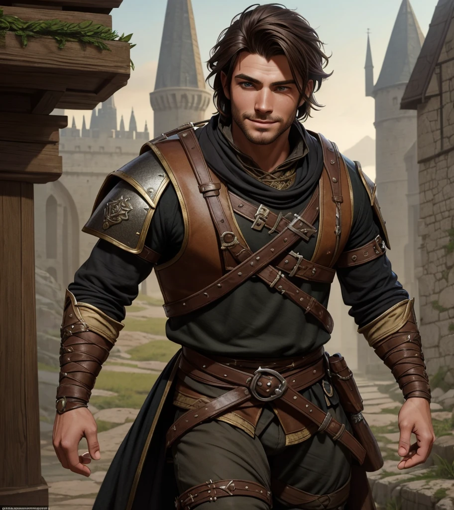 (((Solo character image.))) (((Generate a single character image.))) (((Dressed in medieval fantasy attire.))) (((Dressed in medieval fantasy attire.))) Cute guy. Hot guy. (((Dressed in medieval fantasy attire.))) (((Looks like Diogo Montenegro.))) Looks like a fun-loving and heroic male adventurer for Dungeons & Dragons. Looks like a very attractive male adventurer for a high fantasy setting. Looks like a hot boyfriend. Looks like a handsome and rugged male adventurer for Dungeons & Dragons. Looks like a handsome male for a medieval fantasy setting. Looks like a Dungeons & Dragons adventurer, very cool and masculine hair style, black clothing, handsome, charming smile, adventurer, athletic build, excellent physique, confident, gorgeous face, gorgeous body, detailed and intricate, fantasy setting,fantasy art, dungeons & dragons, fantasy adventurer, fantasy NPC, attractive male in his mid 20's, ultra detailed, epic masterpiece, ultra detailed, intricate details, digital art, unreal engine, 8k, ultra HD, centered image award winning, fantasy art concept, digital art, centered image, flirting with viewer, best quality:1.0,hyperealistic:1.0,photorealistic:1.0,madly detailed CG unity 8k wallpaper:1.0,masterpiece:1.3,madly detailed photo:1.2, hyper-realistic lifelike texture:1.4, picture-perfect:1.0,8k, HQ,best quality:1.0,