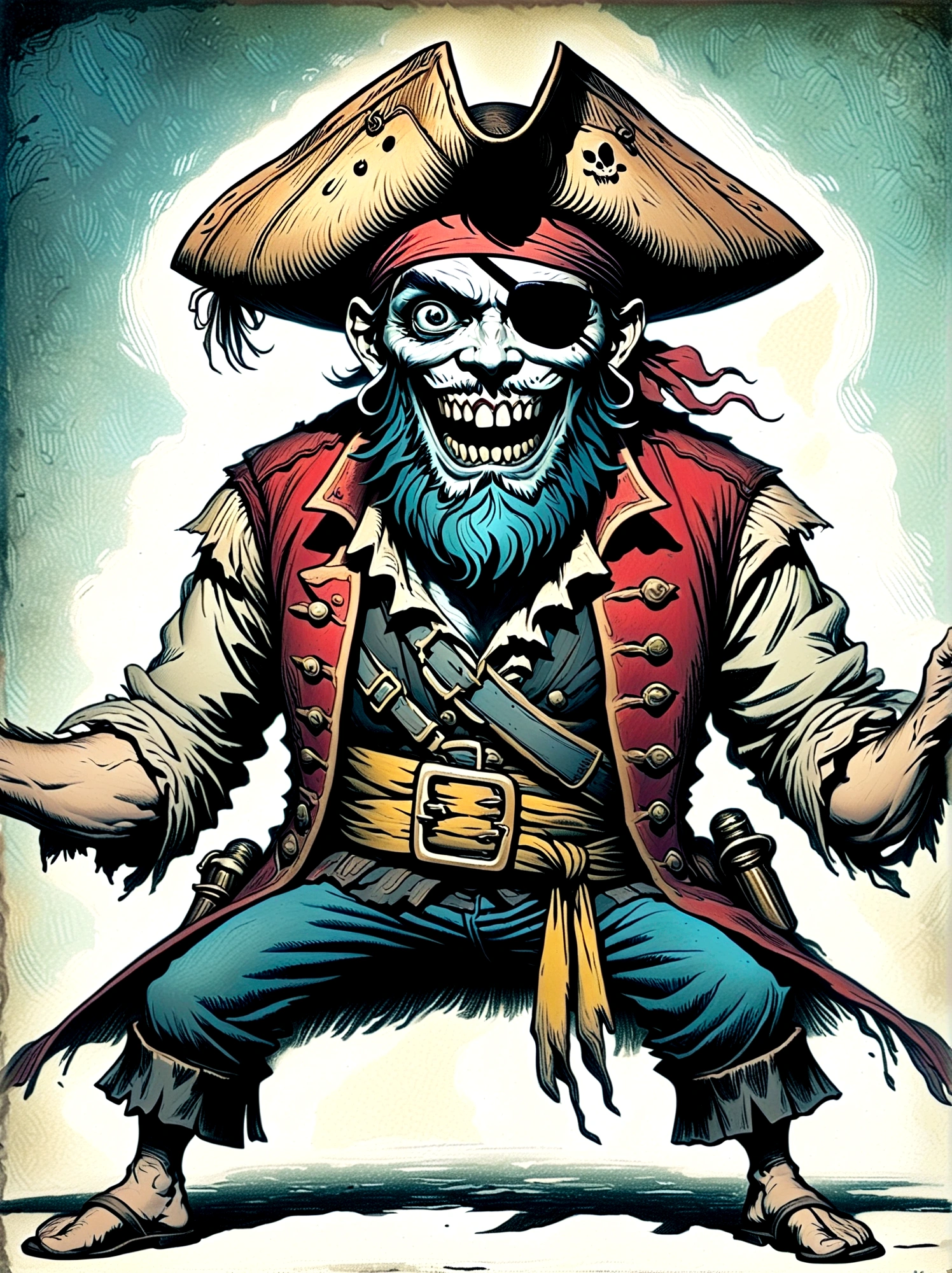 A Pirate Captain with a straw hat who has wide joyous eyes and over-expressive facial features. He is surrounded by a gloomy and Gothic atmosphere typical of late 19th century illustrations. The character possesses monstrous strength and has an ability to stretch his limbs to extraordinary lengths. His attire consists of a red vest, blue shorts with a yellow sash, and black sandals. The style is reminiscent of eerie expressiveness, exaggerated proportions, and dark thematic elements, using pencil.