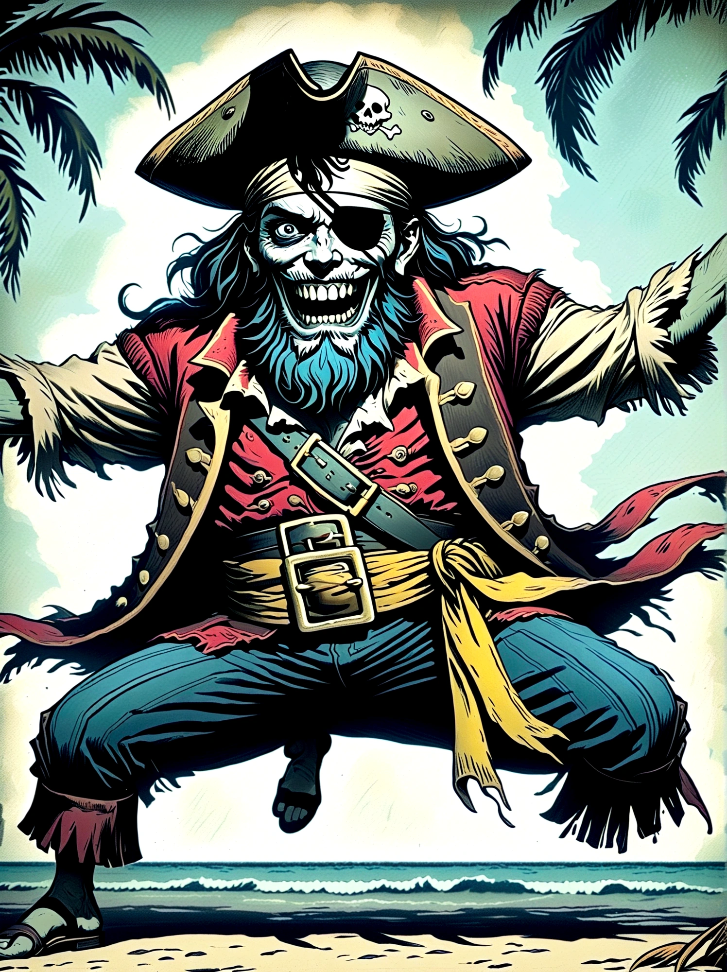 A Pirate Captain with a straw hat who has wide joyous eyes and over-expressive facial features. He is surrounded by a gloomy and Gothic atmosphere typical of late 19th century illustrations. The character possesses monstrous strength and has an ability to stretch his limbs to extraordinary lengths. His attire consists of a red vest, blue shorts with a yellow sash, and black sandals. The style is reminiscent of eerie expressiveness, exaggerated proportions, and dark thematic elements, using pencil.