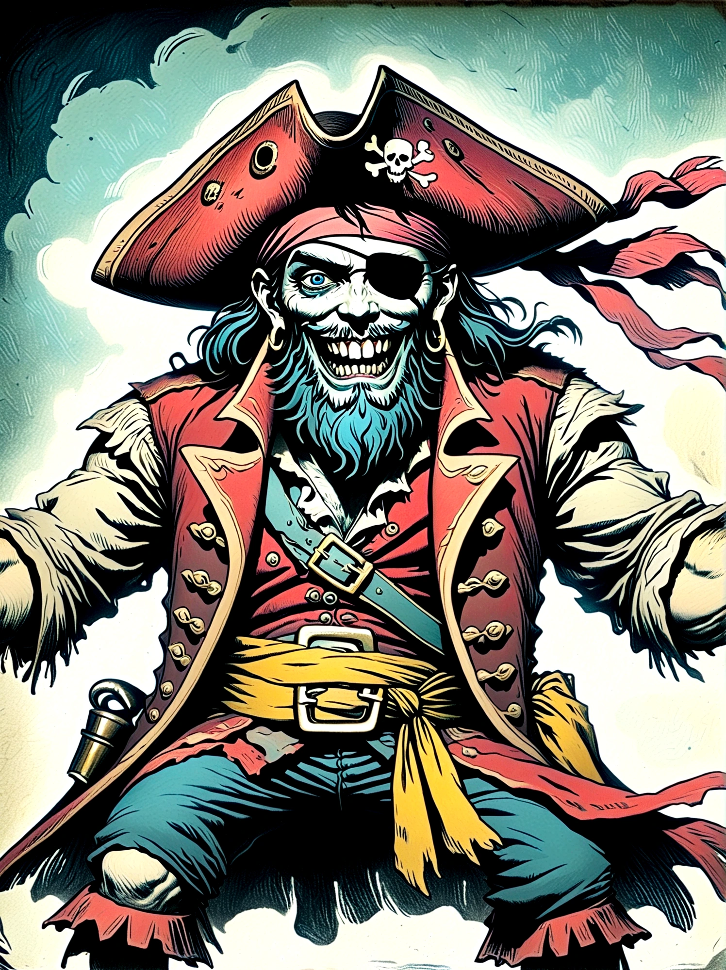 A Pirate Captain with a straw hat who has wide joyous eyes and over-expressive facial features. He is surrounded by a gloomy and Gothic atmosphere typical of late 19th century illustrations. The character possesses monstrous strength and has an ability to stretch his limbs to extraordinary lengths. His attire consists of a red vest, blue shorts with a yellow sash, and black sandals. The style is reminiscent of eerie expressiveness, exaggerated proportions, and dark thematic elements, using pencil.