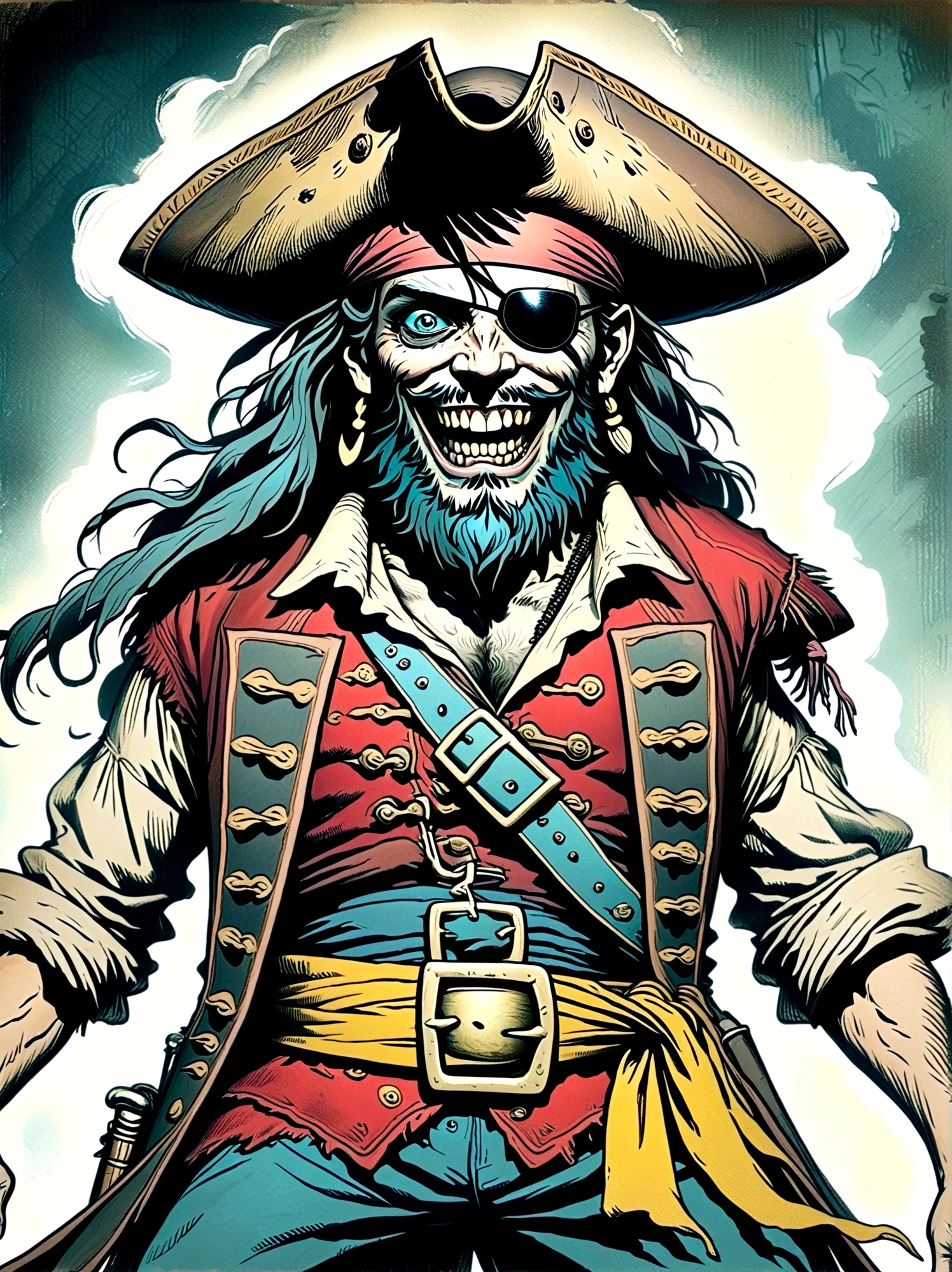 A Pirate Captain with a straw hat who has wide joyous eyes and over-expressive facial features. He is surrounded by a gloomy and Gothic atmosphere typical of late 19th century illustrations. The character possesses monstrous strength and has an ability to stretch his limbs to extraordinary lengths. His attire consists of a red vest, blue shorts with a yellow sash, and black sandals. The style is reminiscent of eerie expressiveness, exaggerated proportions, and dark thematic elements, using pencil.