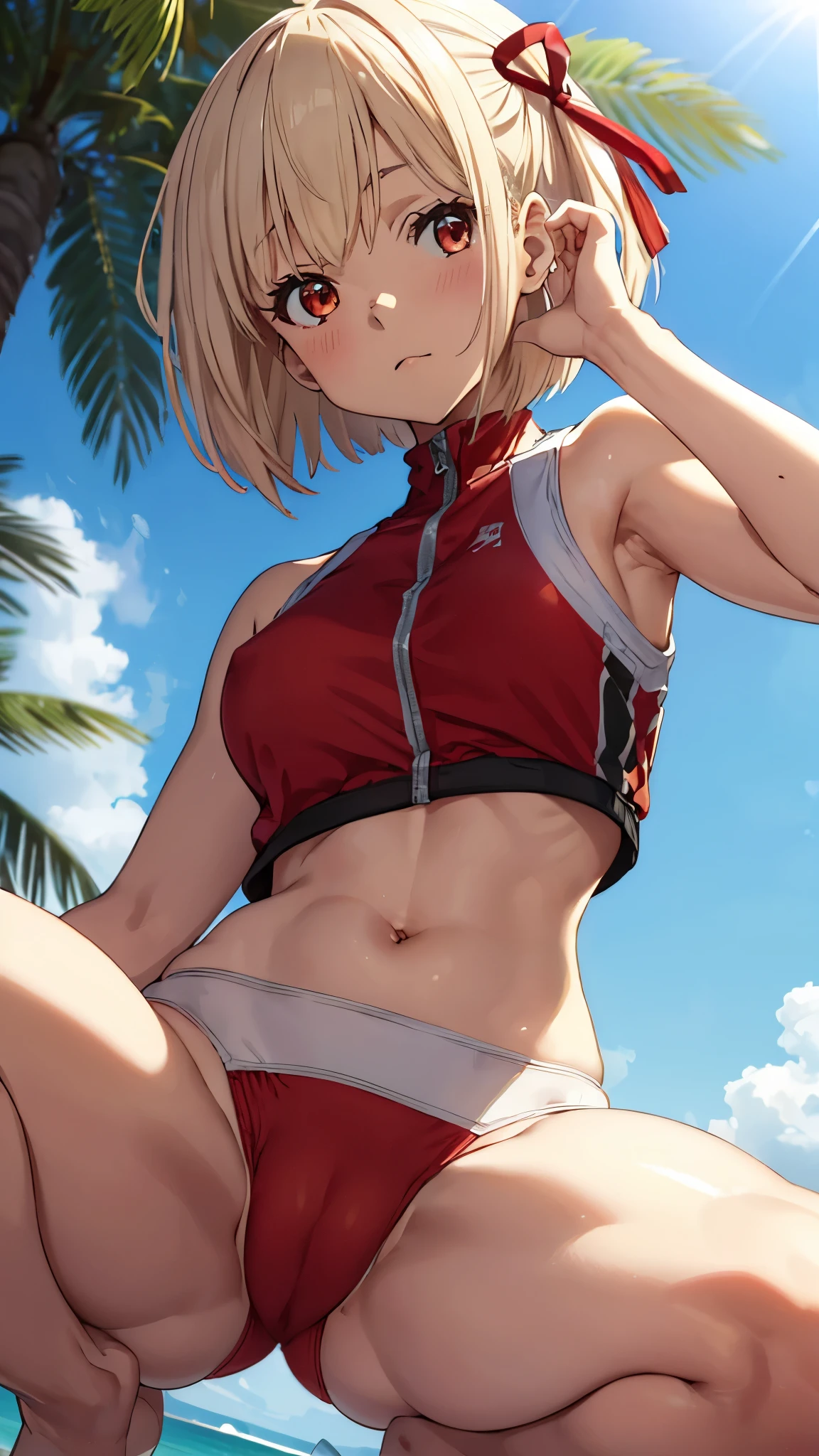 (Outdoor,Sun light,Daytime),chisato nishikigi, short hair, bangs, blonde hair, (red eyes:1.5), hair ribbon, one side up, bob cut,blush,ass focus,(from below:1.3),squatting,open legs,
navel, bare shoulders, thighs, stomach, crop top, buruma, sportswear, zipper pull tab, red buruma, sports bikini,(cameltoe:1.3),masterpiece,Noise Reduction,perfect anatomy,high resolution, ultra-detailed,game cg,dutch angle ,beautiful detailed eyes,visualart,five fingers, perfect hands, perfect lighting,