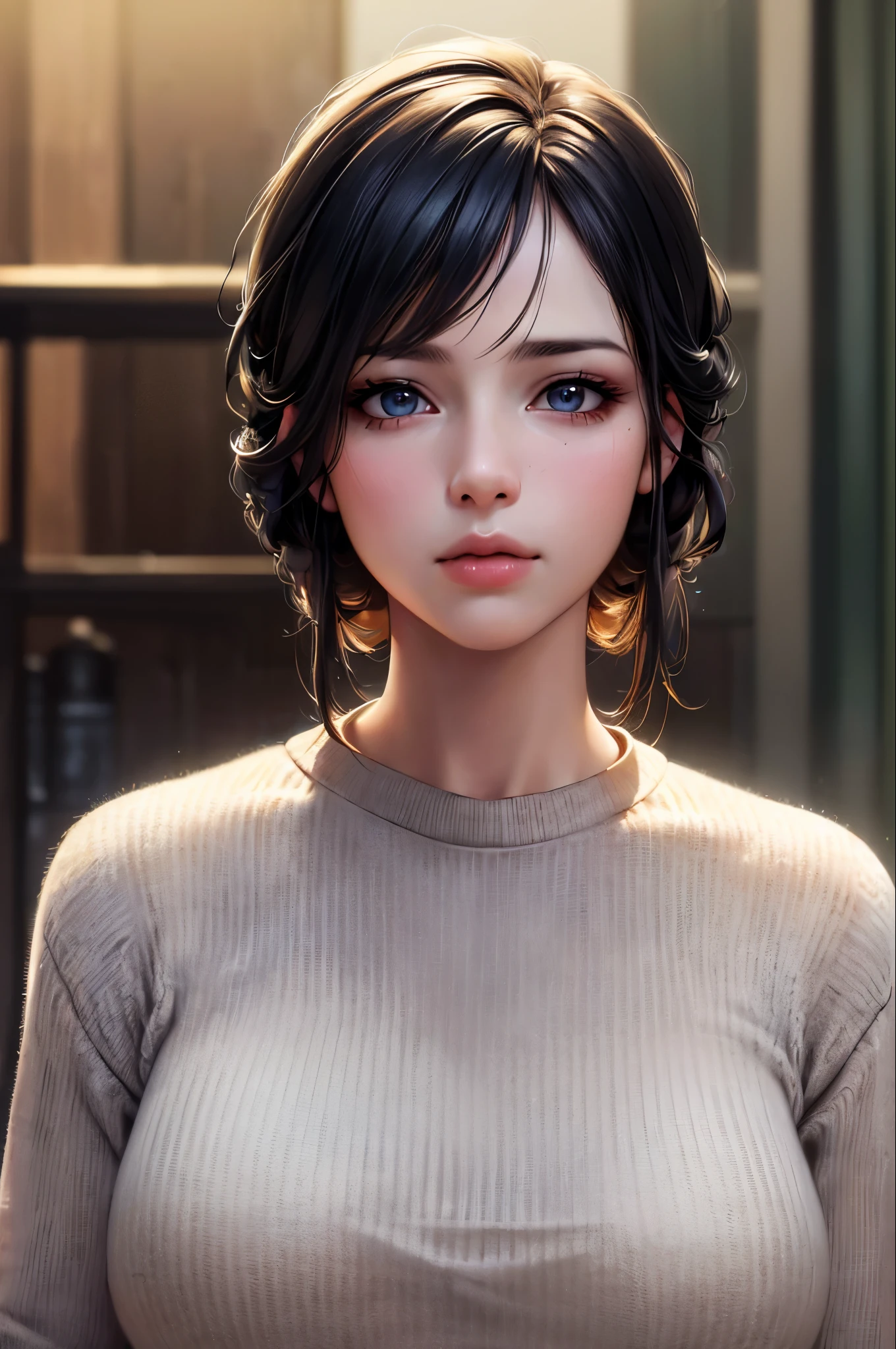 (masterpiece:1.3), (8k, Realistic, RAW Photos, Highest quality: 1.4), (One girl), Beautiful Face, (Realistic Face), (Black Hair), Beautiful hairstyle, Realistic eyes, Beautiful attention to detail, (Realistic Skin), Beautiful Skin, (sweater), Absurd, Charm, Ultra-high resolution, Ultra-realistic, Very detailed, Golden Ratio