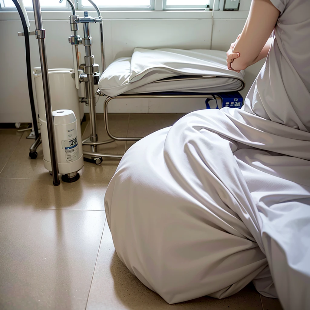 there is a Hospital room with a drip line and a window, Intravenous drip, with an Intravenous drip, surgical intravenous infusion bag, surgical Intravenous drip, Intravenous drip, intravenous pole, urine collection bag, OTS lens, Hospital lighting, Medical lighting, asepsis background, Hospital, asepsis, With backlight, asepsis minimalistic room, Clean medical environment