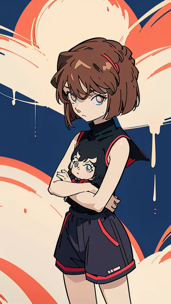anime style, (1girl in, Solo:1.0), (Haibara Ai), ((Short pants)), (((Big eyes))), (Cute anime girl head), (flat chest),looking at viewer,With a height of 100cm, shoot from front, (head shot), Simple line minimalism, Abstract Art, City background