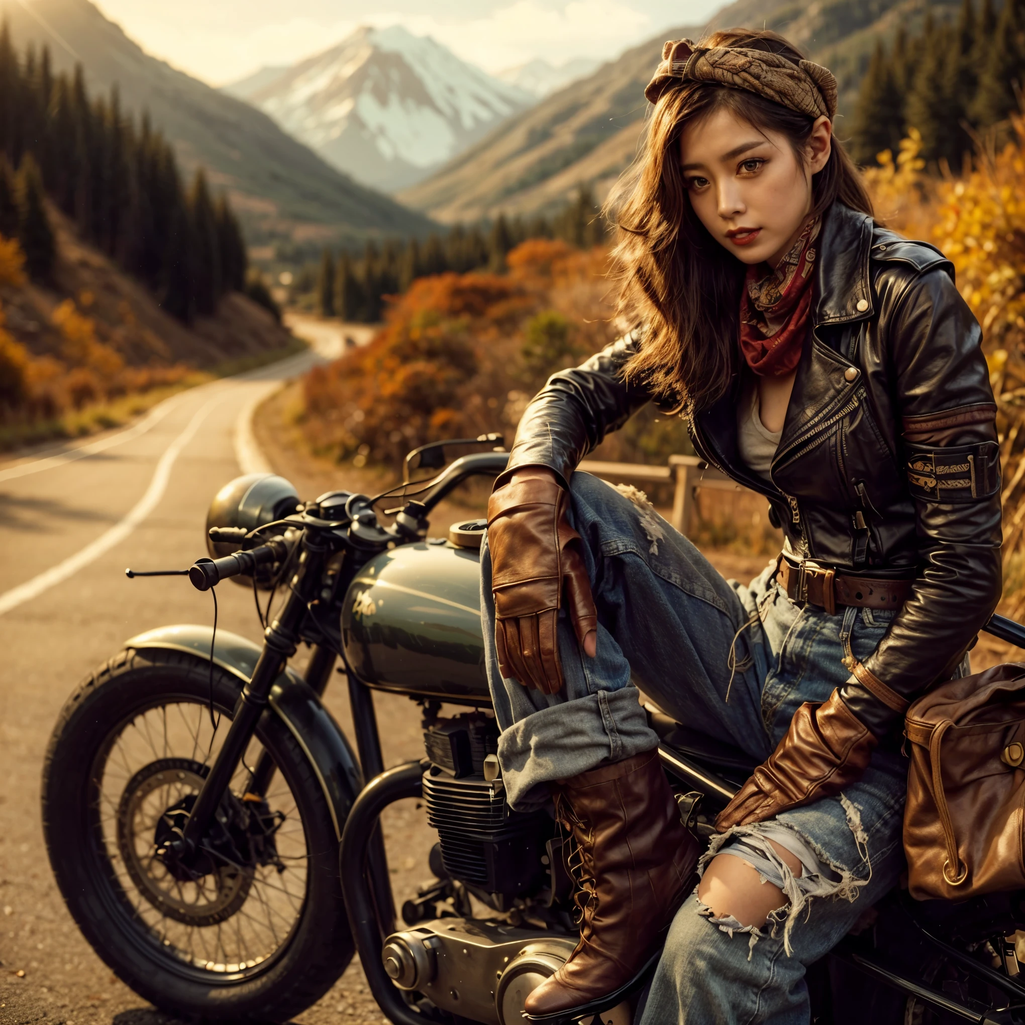 1950s, cafe racer, Japanese woman, riders wear, beautiful face, torn pants, very intricate details, metallic paint, single road in wilderness, realistic photo, taken with Fuji film X-T30+Nokton. HDR10