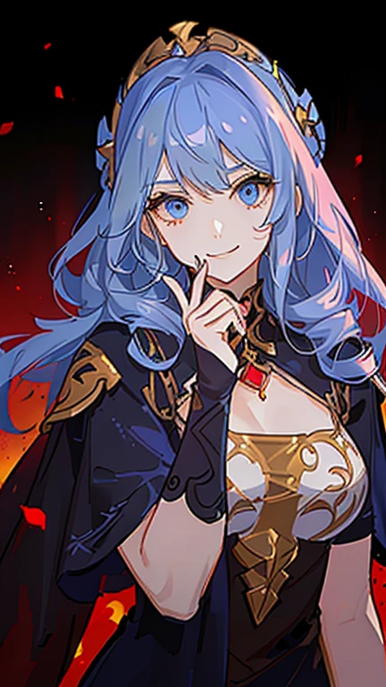 (high-quality, breathtaking),(expressive eyes, perfect face) 1girl, female, solo, adult, medium length hair, pale blue hair color, multicolored hair, glowing hair, red and black strands in hair, loose hair, wavy hair, curly hair, red blue eyes, soft expression, black cloak, white shirt, fantasy mage clothing, Goddess of Underworld and Hatred, space background, portrait, upper body, magic, mum vibe, smile, Ancient Roman Clothing, Ancient Greek Clothing, soft makeup, 1 Poppy Flower, age 40, Hades Inspired, Shield background, jewellery
