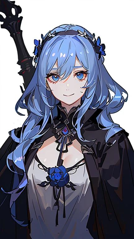 (high-quality, breathtaking),(expressive eyes, perfect face) 1girl, female, solo, adult, medium length hair, pale blue hair color, multicolored hair, glowing hair, red and black strands in hair, loose hair, wavy hair, curly hair, red blue eyes, soft expression, black cloak, white shirt, fantasy mage clothing, Goddess of Underworld and Hatred, space background, portrait, upper body, magic, mum vibe, smile, Ancient Roman Clothing, Ancient Greek Clothing, soft makeup, 1 Poppy Flower, age 40, Hades Inspired, Shield background, jewellery
