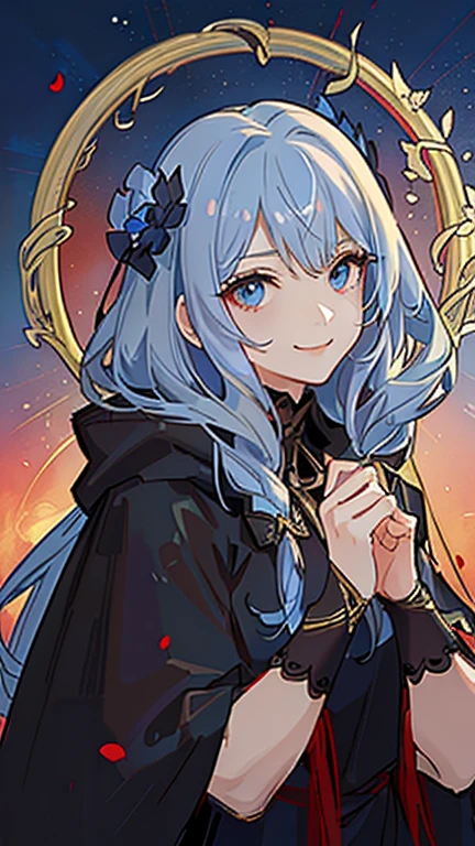 (high-quality, breathtaking),(expressive eyes, perfect face) 1girl, female, solo, adult, medium length hair, pale blue hair color, multicolored hair, glowing hair, red and black strands in hair, loose hair, wavy hair, curly hair, red blue eyes, soft expression, black cloak, white shirt, fantasy mage clothing, Goddess of Underworld and Hatred, space background, portrait, upper body, magic, mum vibe, smile, Ancient Roman Clothing, Ancient Greek Clothing, soft makeup, 1 Poppy Flower, age 40, Hades Inspired, Shield background, jewellery
