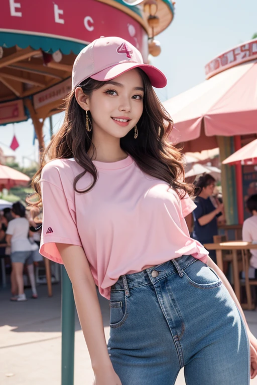 highest quality、4K、Perfect Face、Perfect Style、perfect body、Sunburn、beautiful lady、mature、long curly layer brown hair、Swept-back hair、full body, sexy 、charming、healthy、baseball cap with a curved、giddy-smile、jeans、pink shirt、at amusement park、eating ice cream