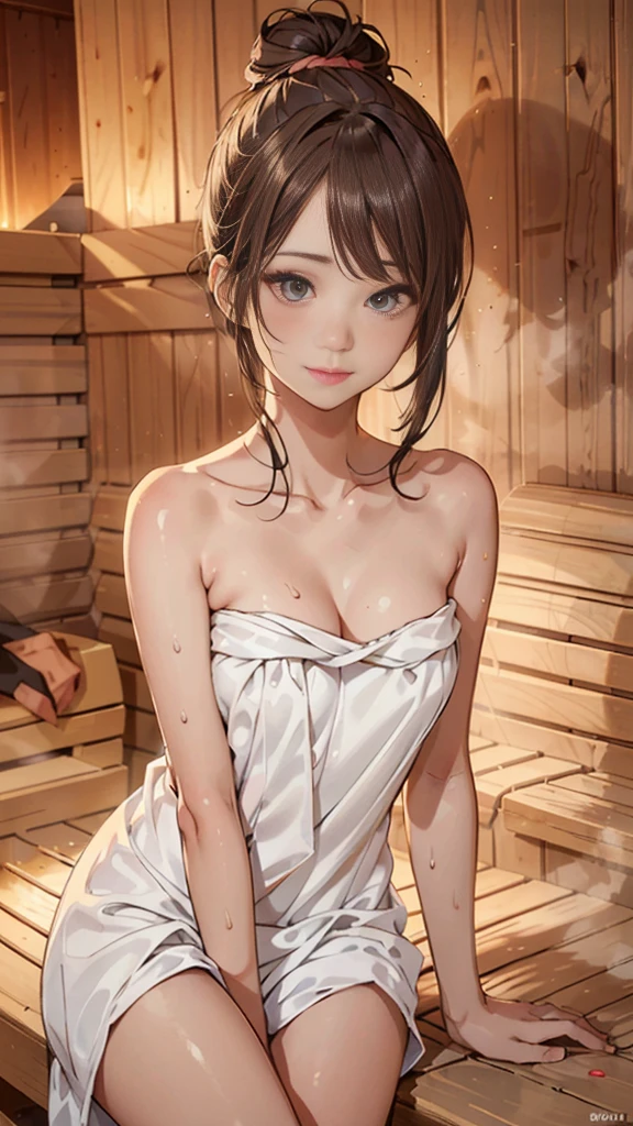 (Only One Woman):1.5, (sauna:1.3), (whole body:1.3), (Hair Bun, Dark brown hair), (Highest quality, Realistic:1.4, Tabletop:1.3, RAW Photos:1.2, Cinematic Light, Highly detailed illustration), (A very carefully drawn face, Super Beautiful Maid, Very delicate eyes, Very detailed stuffy nose, Highly detailed mouth, Highly detailed facial features, very elaborate body, Hip details, Thigh details), (Small breasts:1.3), from the front, Showing cleavage, (Long dress made of very dense terry fabric..:1.3, Strapless), (Sweat a lot), (Sit on a wooden bench), Leaning forward, smile:0.8, Light and shadow