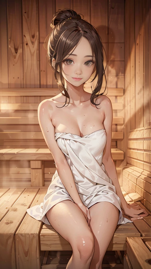 (Only One Woman):1.5, (sauna:1.3), (whole body:1.3), (Hair Bun, Dark brown hair), (Highest quality, Realistic:1.4, Tabletop:1.3, RAW Photos:1.2, Cinematic Light, Highly detailed illustration), (A very carefully drawn face, Super Beautiful Maid, Very delicate eyes, Very detailed stuffy nose, Highly detailed mouth, Highly detailed facial features, very elaborate body, Hip details, Thigh details), (Small breasts:1.3), from the front, Showing cleavage, (Long dress made of very dense terry fabric..:1.3, Strapless), (Sweat a lot), (Sit on a wooden bench), Leaning forward, smile:0.8, Light and shadow