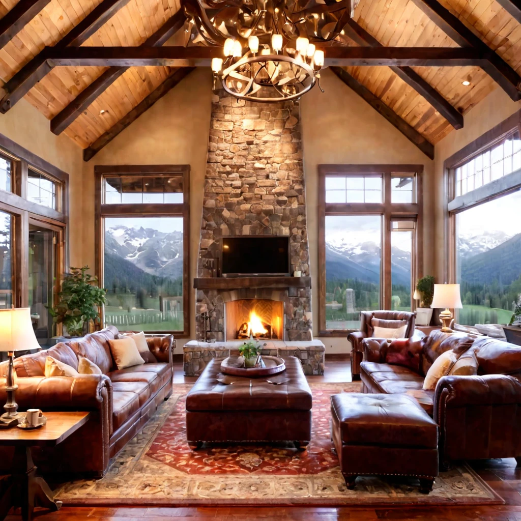 A cozy and rustic living room with a high, vaulted ceiling featuring exposed wooden beams. The room is illuminated by a large, intricate antler chandelier with warm, glowing lights. The walls are made of log cabin-style wooden planks, giving a warm, inviting atmosphere. A large stone fireplace is central on one wall, with a roaring fire inside. Above the fireplace hangs a flat-screen television. On either side of the fireplace are tall, dark wood-framed windows with curtains featuring a floral pattern. In front of the fireplace are two brown leather, tufted armchairs with a vintage feel, arranged on either side of a glass coffee table with a wooden frame. The table has a bottle of wine, wine glasses, and a floral centerpiece. A brown leather chesterfield sofa is positioned in the foreground. The floor is covered with a patterned area rug in shades of red, cream, and brown. The room is accessorized with standing lamps with warm, yellow light, and an elegant wooden side cabinet.