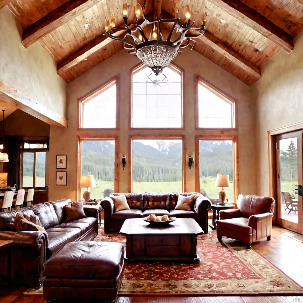 A cozy and rustic living room with a high, vaulted ceiling featuring exposed wooden beams. The room is illuminated by a large, intricate antler chandelier with warm, glowing lights. The walls are made of log cabin-style wooden planks, giving a warm, inviting atmosphere. A large stone fireplace is central on one wall, with a roaring fire inside. Above the fireplace hangs a flat-screen television. On either side of the fireplace are tall, dark wood-framed windows with curtains featuring a floral pattern. In front of the fireplace are two brown leather, tufted armchairs with a vintage feel, arranged on either side of a glass coffee table with a wooden frame. The table has a bottle of wine, wine glasses, and a floral centerpiece. A brown leather chesterfield sofa is positioned in the foreground. The floor is covered with a patterned area rug in shades of red, cream, and brown. The room is accessorized with standing lamps with warm, yellow light, and an elegant wooden side cabinet.
