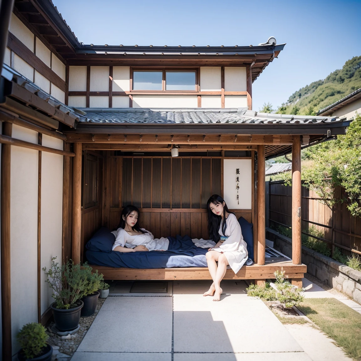 ((最high quality, 8k, masterpiece: 1.3, Ultra HD, high quality, 最high quality, High resolution, realism)) 、Beautiful Japan woman at 22 years old、Straight hair、smile、Slender body、Wear accessories on your wrist、Sitting on the balcony of a Japanese house in the countryside of Japan、(Sleeping on your back:1.4)、summer、Wind chimes are hanging from the eaves.、barefoot、fan、In front of the balcony is a courtyard.、wear a Yukata