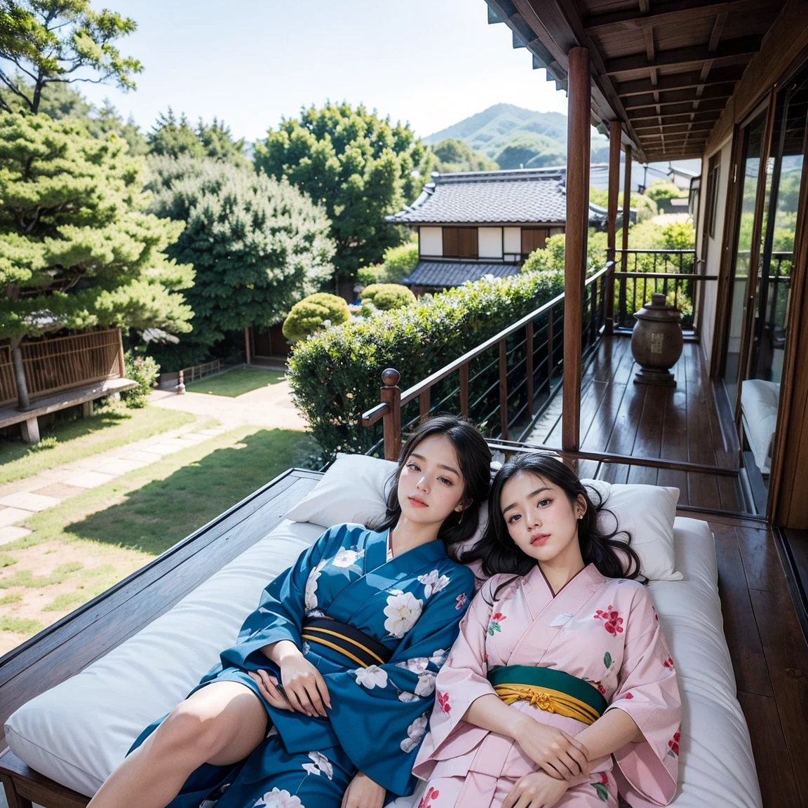 ((最high quality, 8k, masterpiece: 1.3, Ultra HD, high quality, 最high quality, High resolution, realism)) 、Beautiful Japan woman at 22 years old、Straight hair、smile、Slender body、Wear accessories on your wrist、Sitting on the balcony of a Japanese house in the countryside of Japan、(Sleeping on your back:1.4)、summer、Wind chimes are hanging from the eaves.、barefoot、fan、In front of the balcony is a courtyard.、wear a Yukata