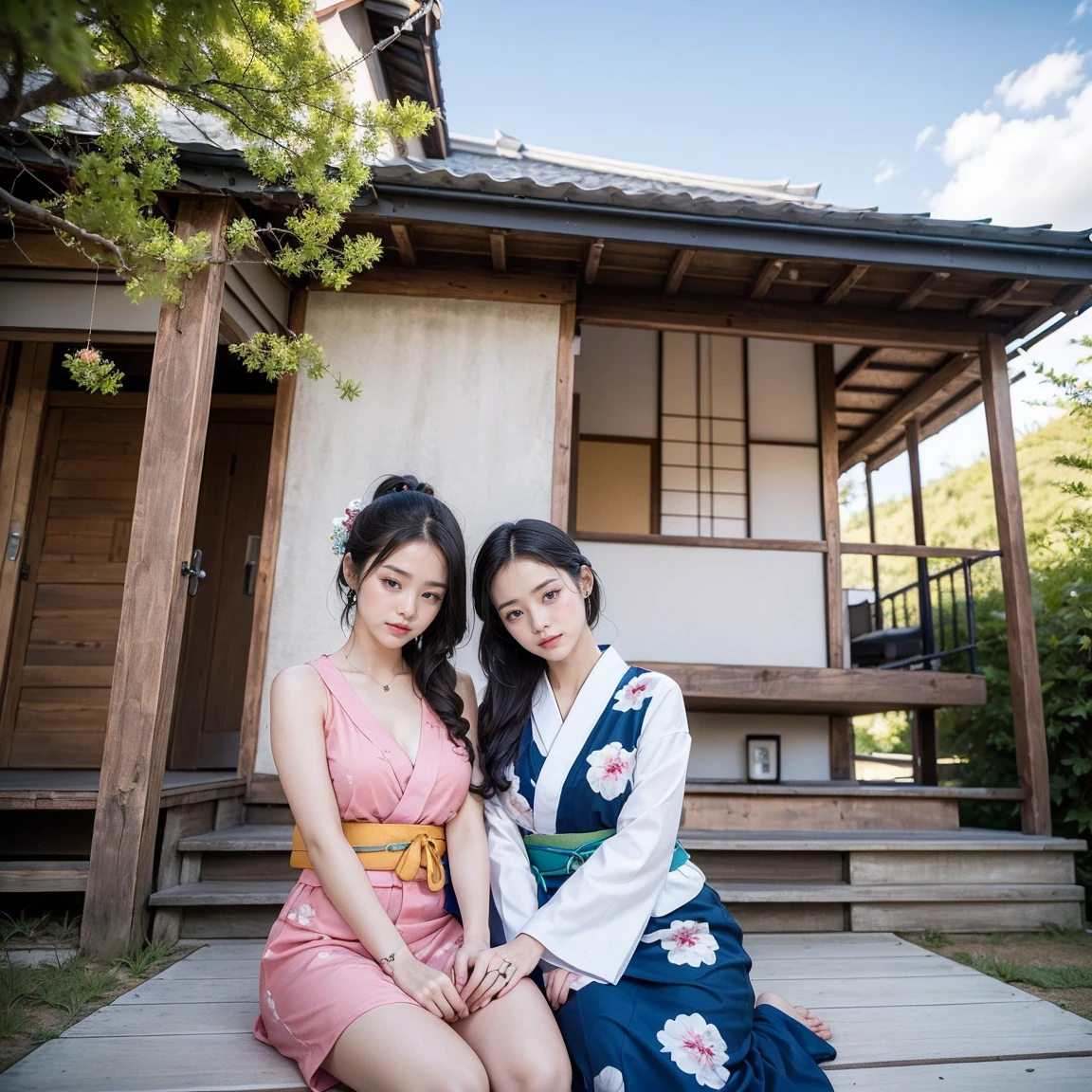 ((最high quality, 8k, masterpiece: 1.3, Ultra HD, high quality, 最high quality, High resolution, realism)) 、Beautiful Japan woman at 22 years old、Straight hair、smile、Slender body、Wear accessories on your wrist、Sitting on the balcony of a Japanese house in the countryside of Japan、(Sleeping on your back:1.4)、summer、Wind chimes are hanging from the eaves.、barefoot、fan、In front of the balcony is a courtyard.、wear a Yukata