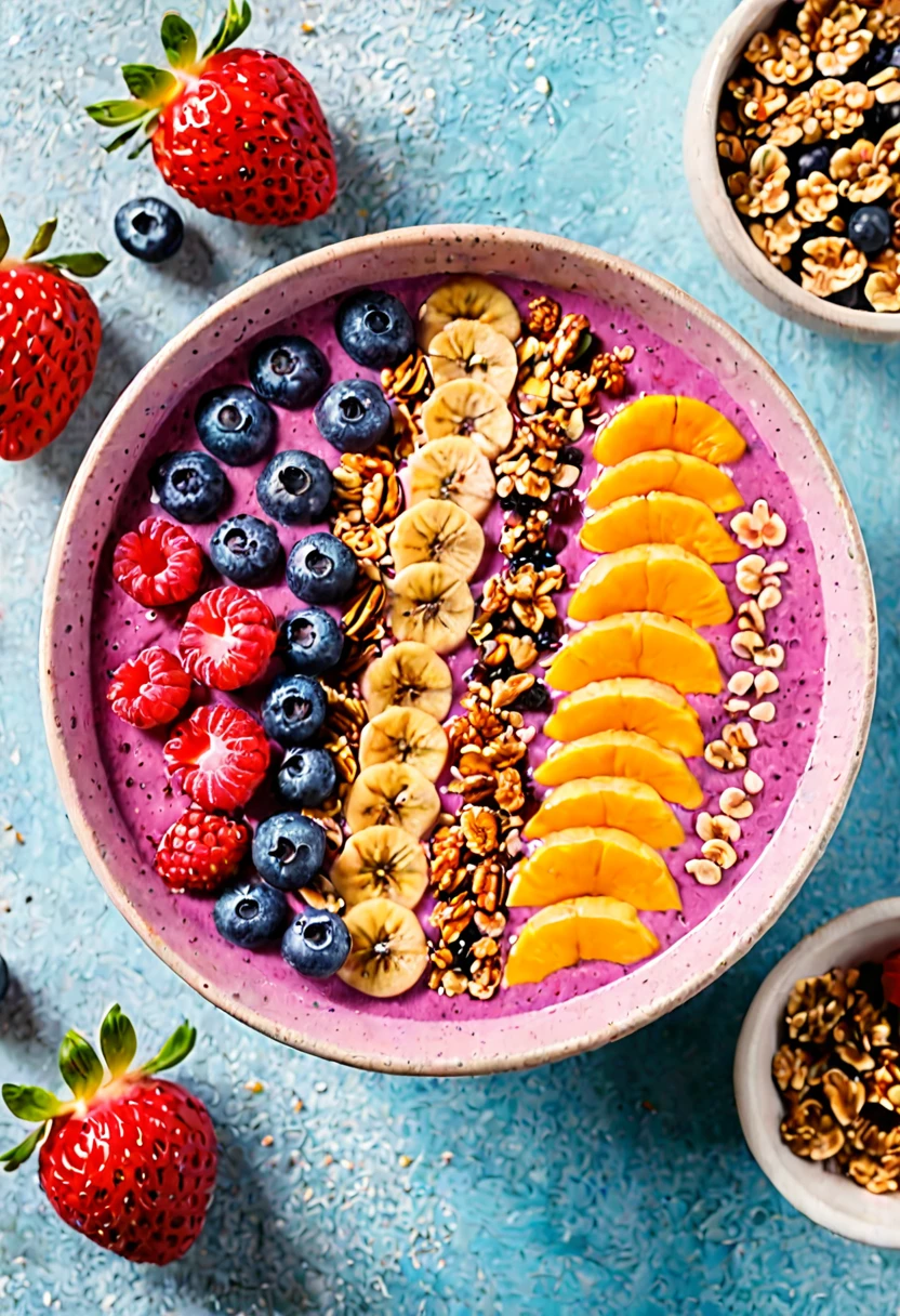 HD photo, trending on Pinterest, colorful fruit smoothie bowl, decorated with an assortment of fresh berries and granola