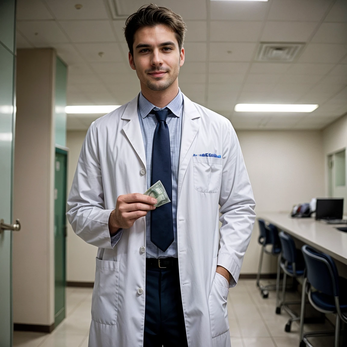 Create an image of a tall and muscular male veterinarian with a happy face, standing in a rich and luxurious clinic with money visible in the background. The vet should have one hand in his pocket, exuding a relaxed and confident demeanor. The image should be captured in a cinematic style, with dramatic lighting and a shallow depth of field to create a sense of depth and dimension