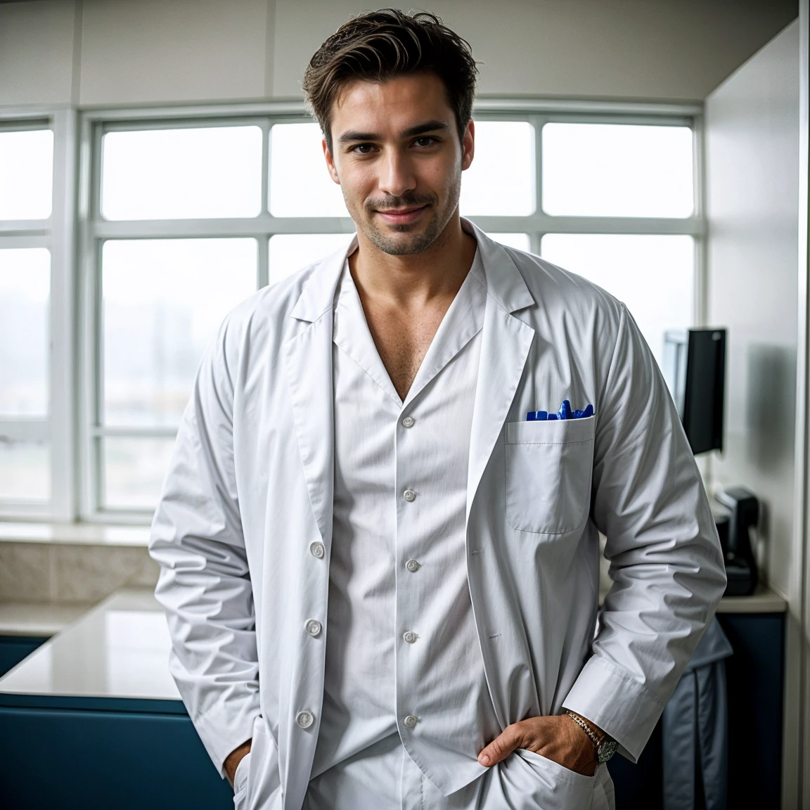 Create an image of a tall and muscular male veterinarian with a happy face, standing in a rich and luxurious clinic with money visible in the background. The vet should have one hand in his pocket, exuding a relaxed and confident demeanor. The image should be captured in a cinematic style, with dramatic lighting and a shallow depth of field to create a sense of depth and dimension