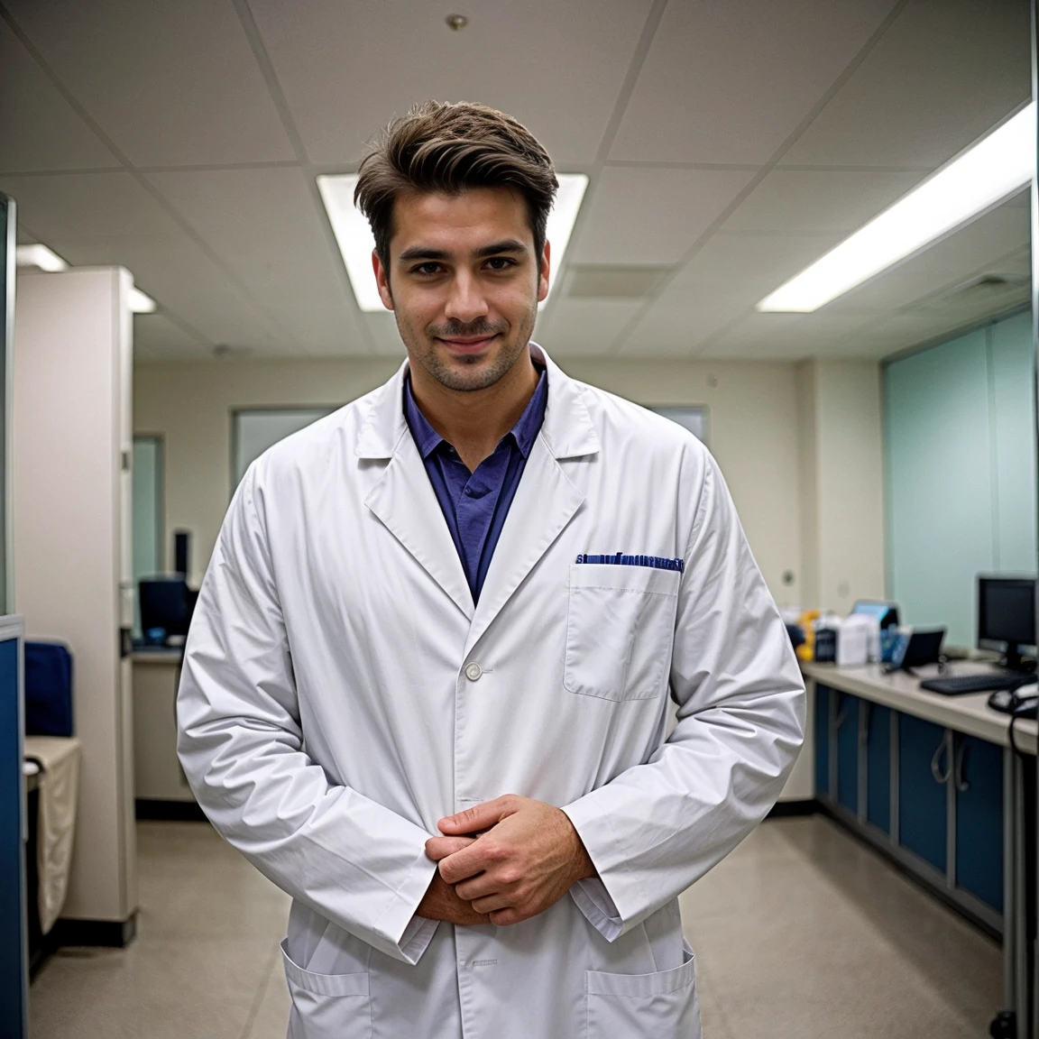Create an image of a tall and muscular male veterinarian with a happy face, standing in a rich and luxurious clinic with money visible in the background. The vet should have one hand in his pocket, exuding a relaxed and confident demeanor. The image should be captured in a cinematic style, with dramatic lighting and a shallow depth of field to create a sense of depth and dimension